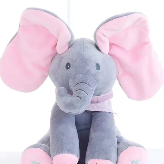 Gray plush elephant with pink ears and feet on a white background, featuring promotional text.