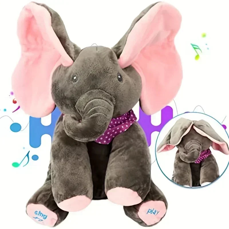 Plush elephant toy with pink ears and a purple bow tie on a white background
