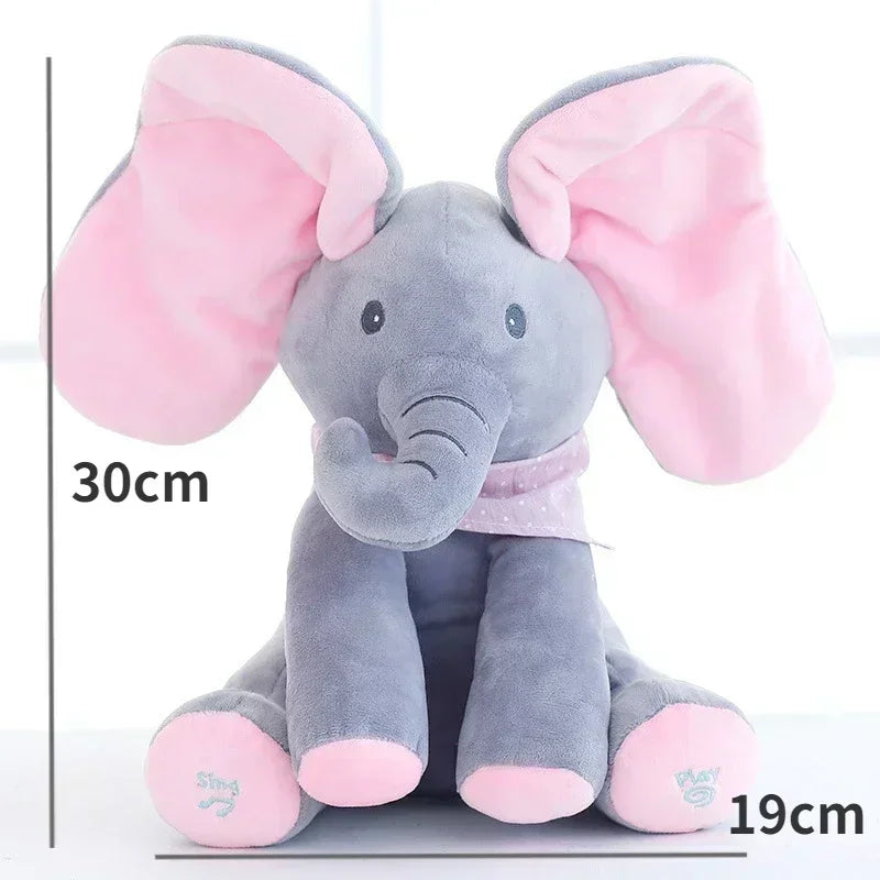 Plush elephant toy with pink ears and feet, shown with measurements on a white background.