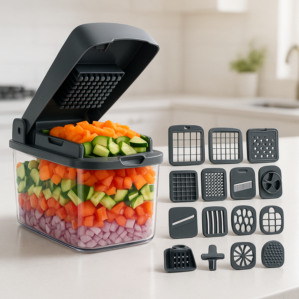 Vegetable chopper with various attachments and chopped vegetables on a kitchen counter.
Multifunctional 14-in-1 Food Chopper – Vegetable Slicer, Dicer, Grater & Kitchen Cutter with Storage Box