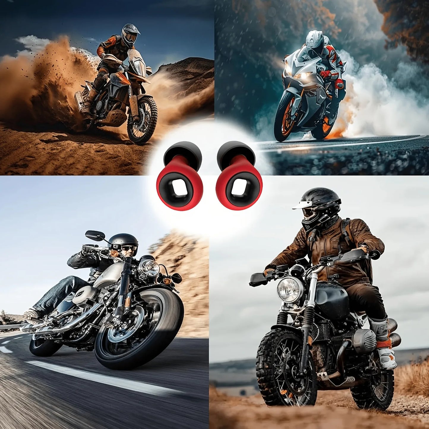 Four scenes of people riding motorcycles in different settings with a pair of red and black earbuds in the center.