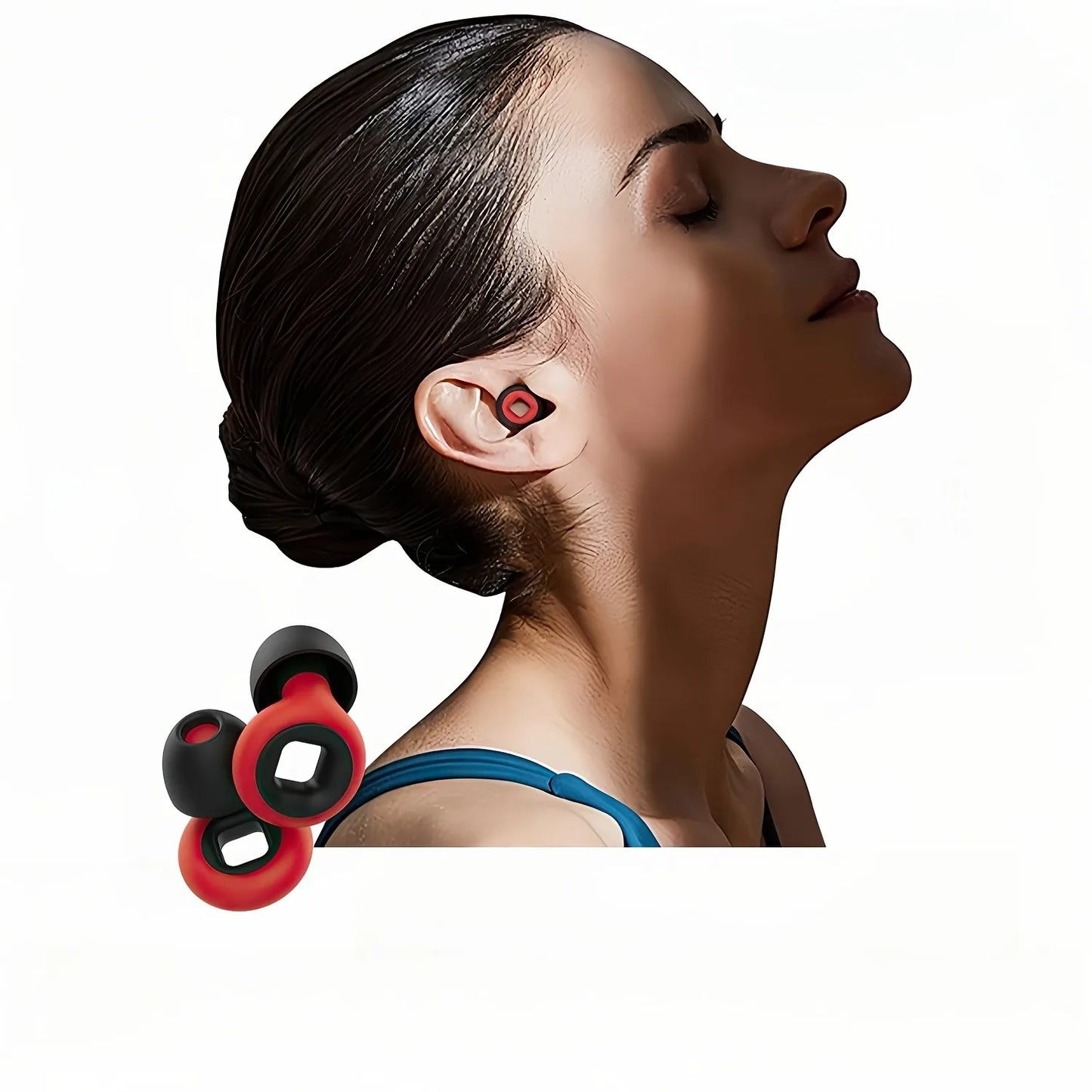 Woman using a red and black neck massager on a white background