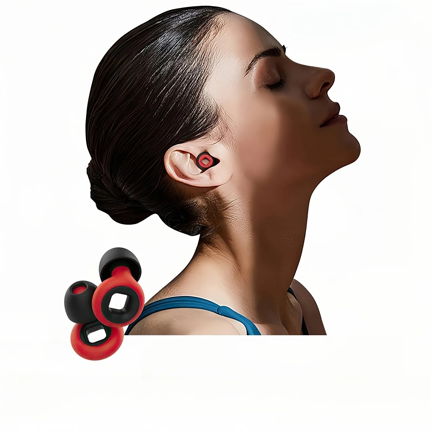 Woman using a red and black neck massager on a white background