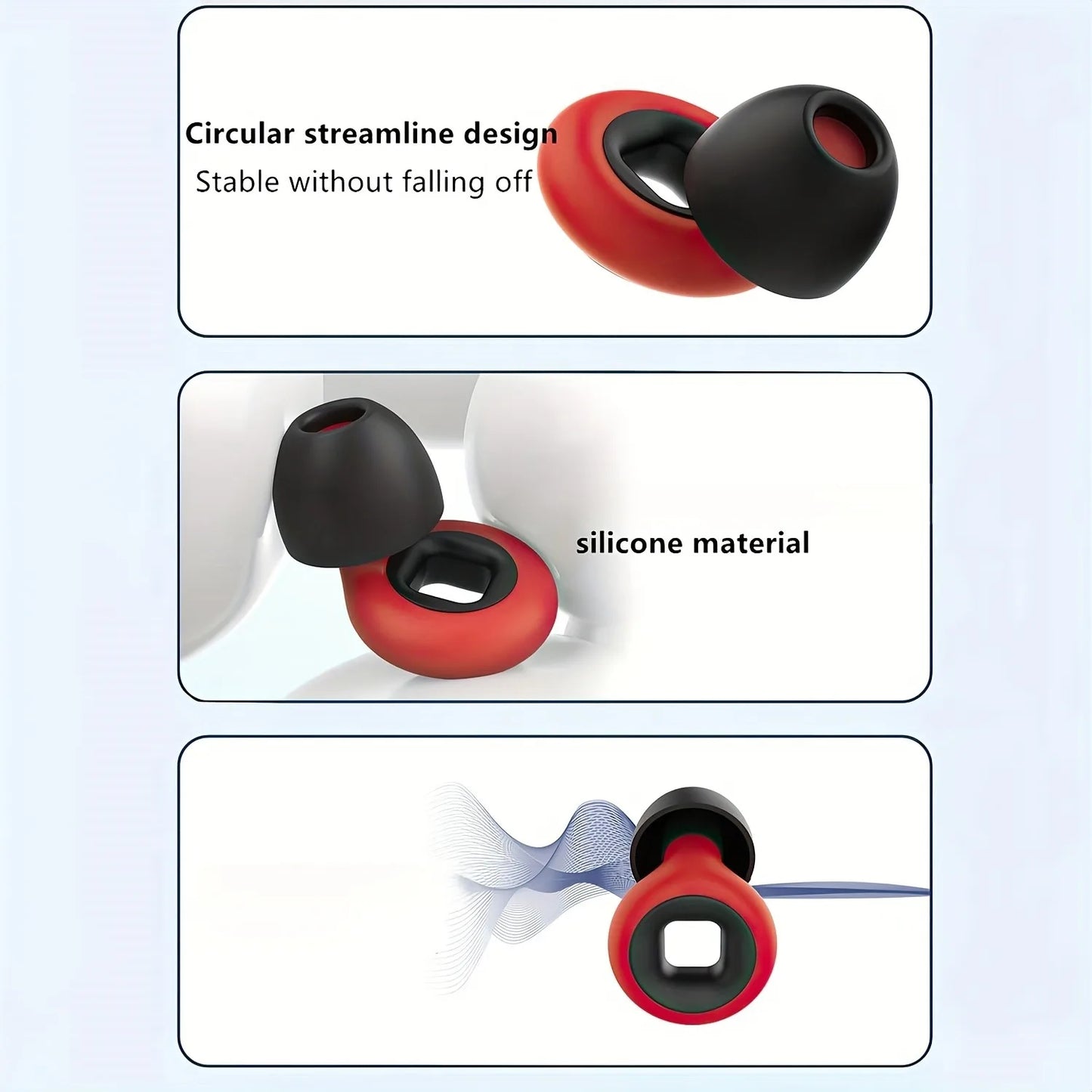 Red and black silicone earbud tips with text describing design and material on a light blue background.