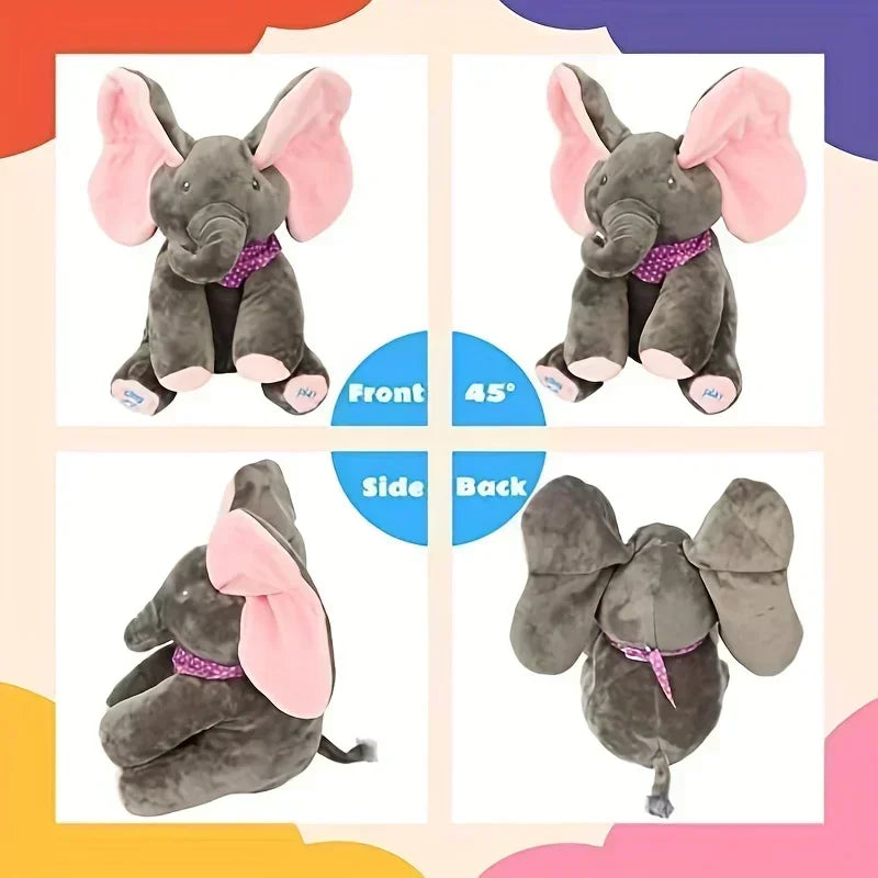 Plush elephant toy shown from multiple angles on a colorful background