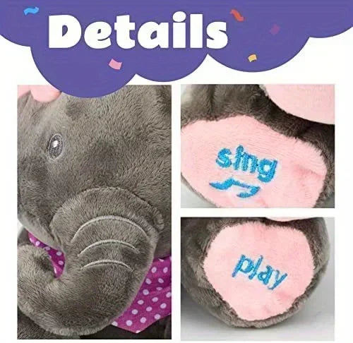Gray plush elephant toy with pink heart and text on a white background