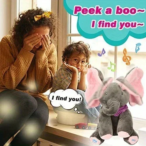 Two children playing peek-a-boo with a toy elephant, with text and musical notes added.