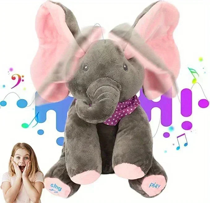 Plush elephant toy with pink ears and feet, surrounded by musical notes and a child's face.
