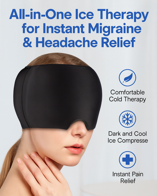 Woman wearing migraine relief ice hat for headache therapy
Black gel cold compress therapy cap with eye mask
Reusable ice head wrap for sinus pressure relief
Migraine relief cap 360 coverage cooling design