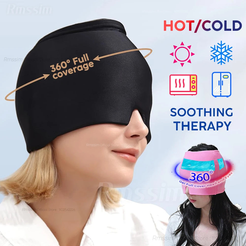 Black head wrap with 360° full coverage feature, labeled 'Hot/Cold' and 'Soothing Therapy', on a light blue background. 
Woman wearing migraine relief ice hat for headache therapy
Black gel cold compress therapy cap with eye mask
Reusable ice head wrap for sinus pressure relief
Migraine relief cap 360 coverage cooling design