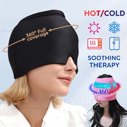 Black head wrap with 360° full coverage feature, labeled 'Hot/Cold' and 'Soothing Therapy', on a light blue background. 
Woman wearing migraine relief ice hat for headache therapy
Black gel cold compress therapy cap with eye mask
Reusable ice head wrap for sinus pressure relief
Migraine relief cap 360 coverage cooling design