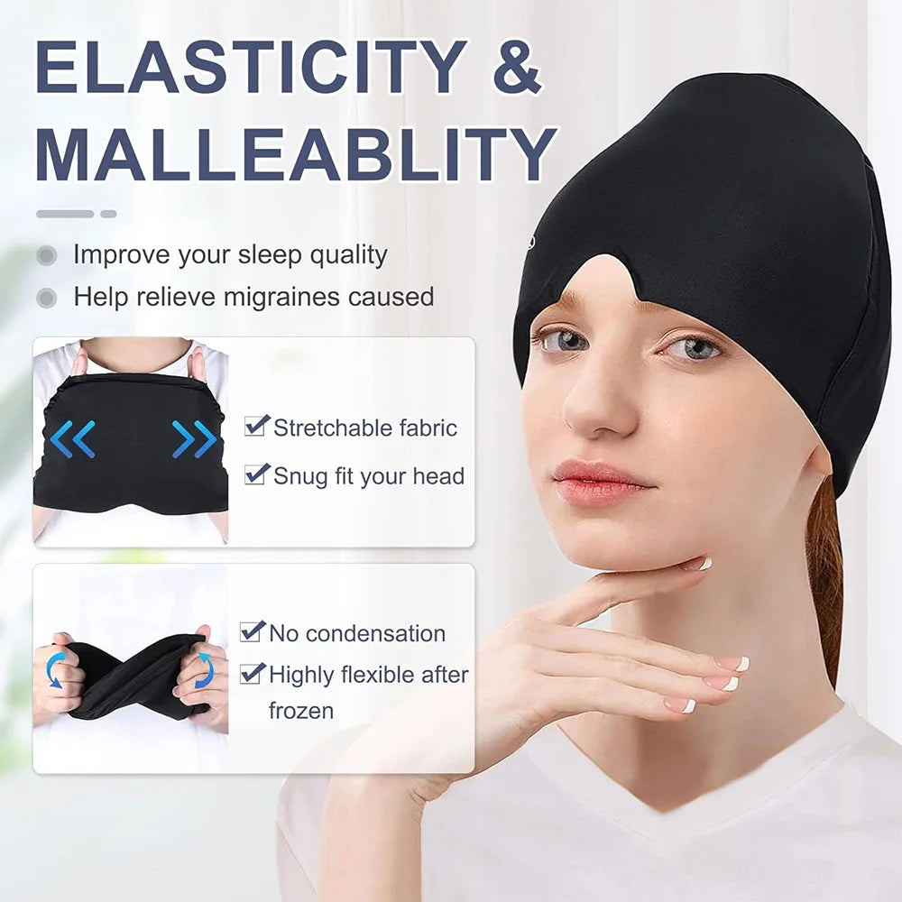 Black headband with text on elasticity and malleability, featuring a woman wearing it.
Woman wearing migraine relief ice hat for headache therapy
Black gel cold compress therapy cap with eye mask
Reusable ice head wrap for sinus pressure relief
Migraine relief cap 360 coverage cooling design