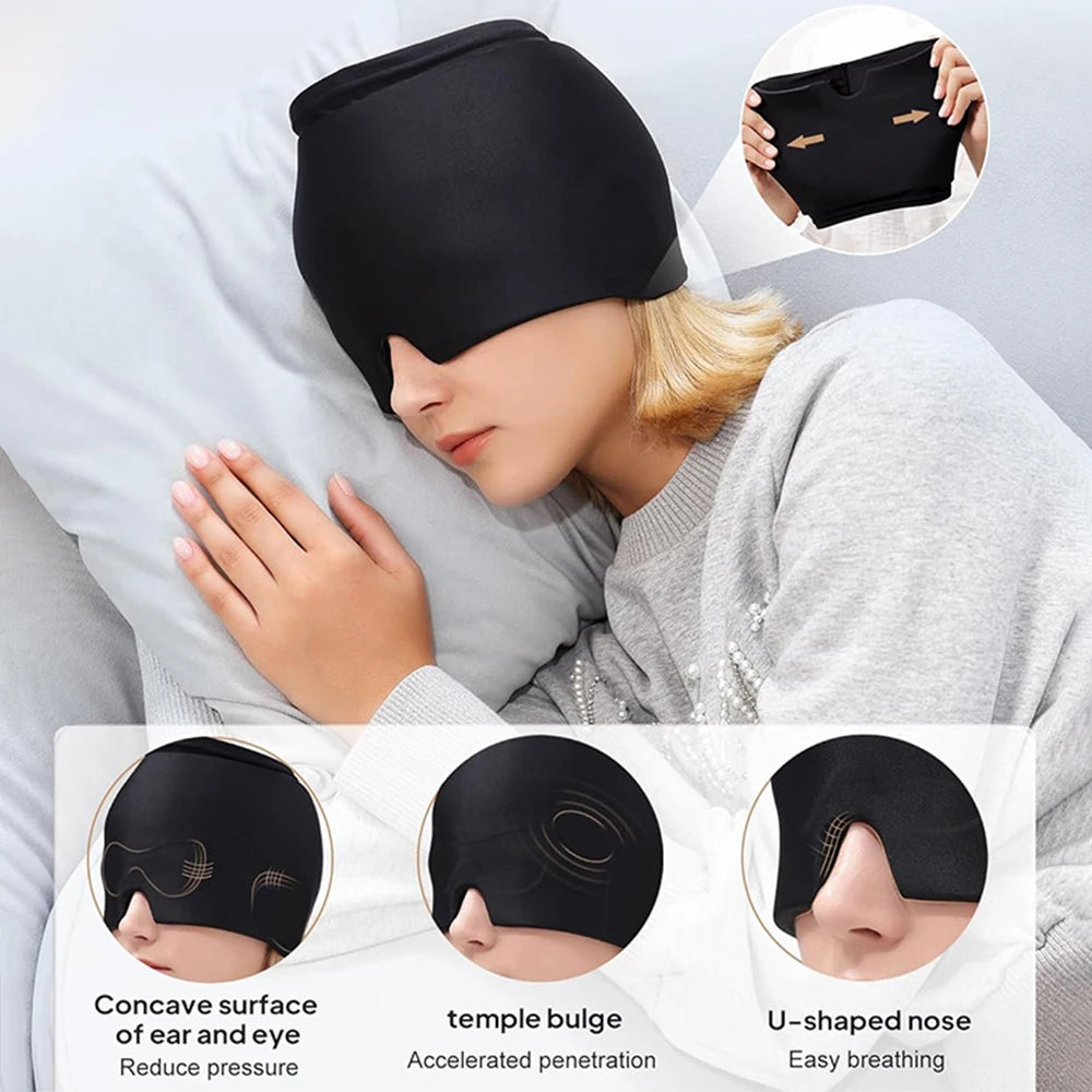 Woman wearing migraine relief ice hat for headache therapy
Black gel cold compress therapy cap with eye mask
Reusable ice head wrap for sinus pressure relief
Migraine relief cap 360 coverage cooling design