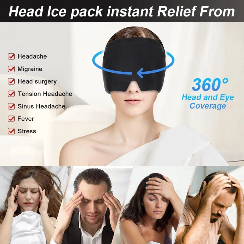 Woman wearing migraine relief ice hat for headache therapy
Black gel cold compress therapy cap with eye mask
Reusable ice head wrap for sinus pressure relief
Migraine relief cap 360 coverage cooling design