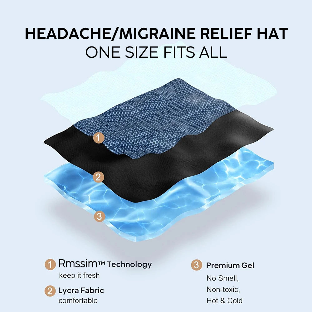 Woman wearing migraine relief ice hat for headache therapy
Black gel cold compress therapy cap with eye mask
Reusable ice head wrap for sinus pressure relief
Migraine relief cap 360 coverage cooling design