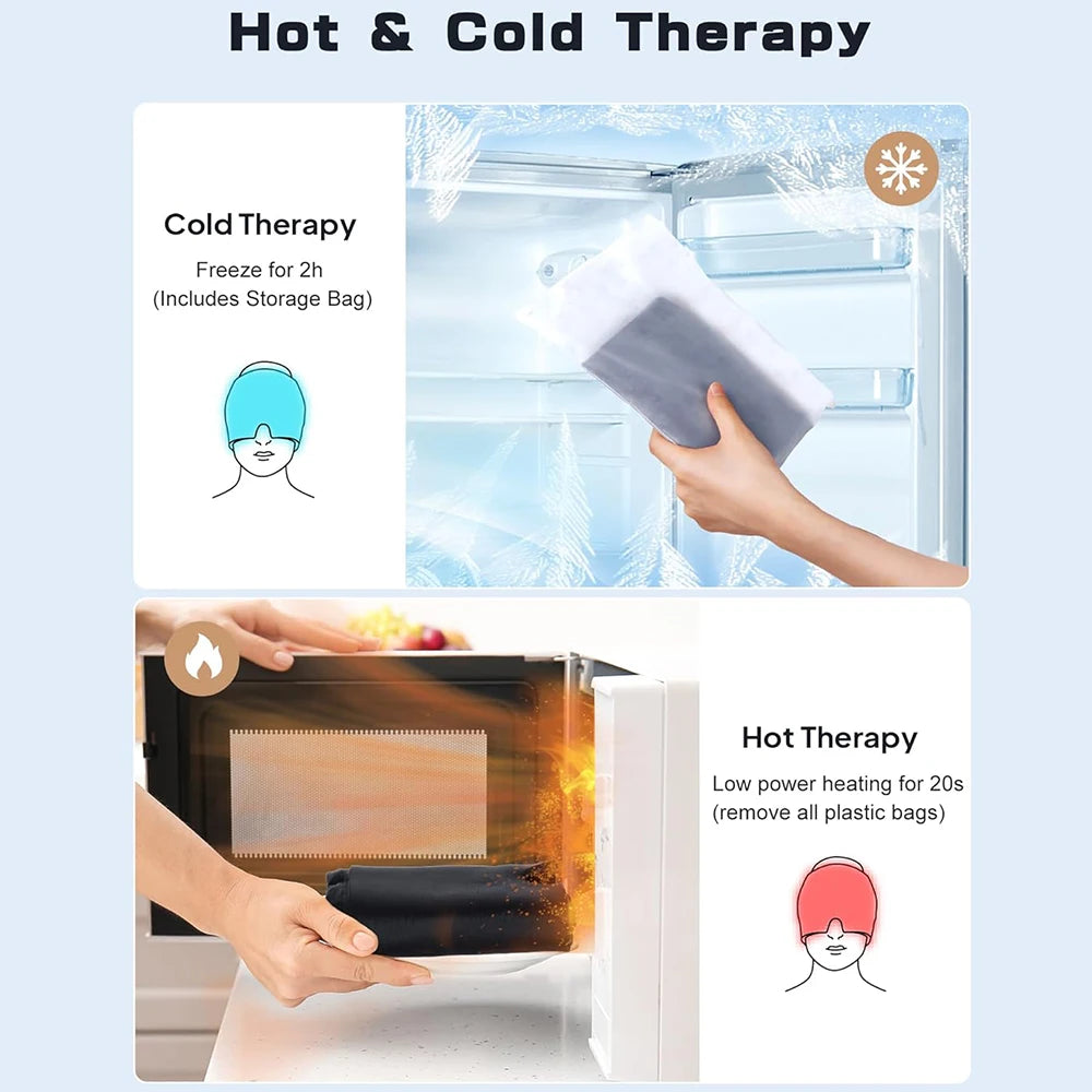 Hot and cold therapy product with instructions on freezing and heating.
Woman wearing migraine relief ice hat for headache therapy
Black gel cold compress therapy cap with eye mask
Reusable ice head wrap for sinus pressure relief
Migraine relief cap 360 coverage cooling design