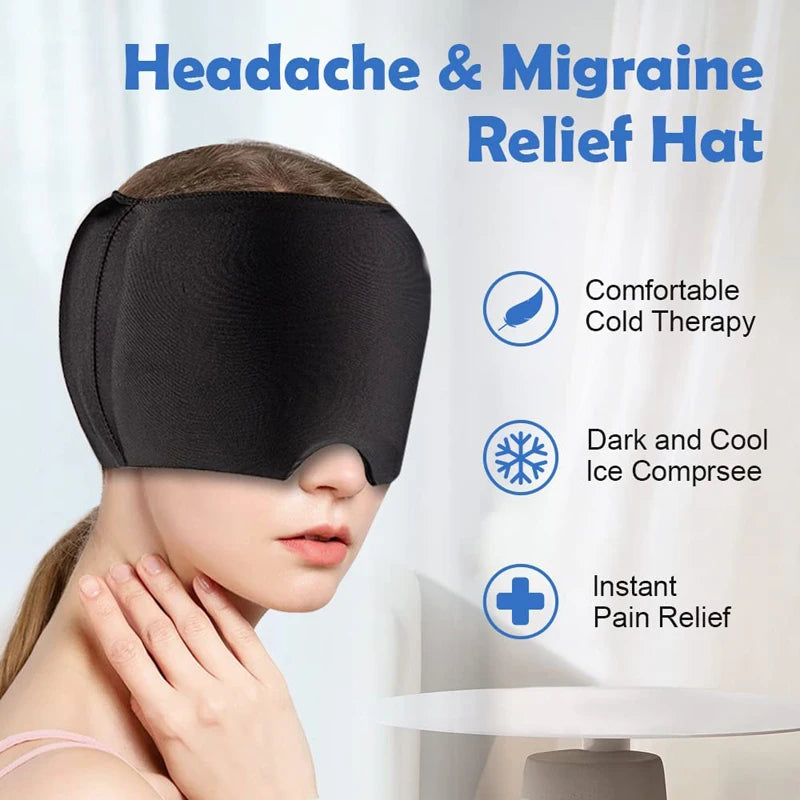 Black headache and migraine relief hat worn by a person with text highlighting features on a white background