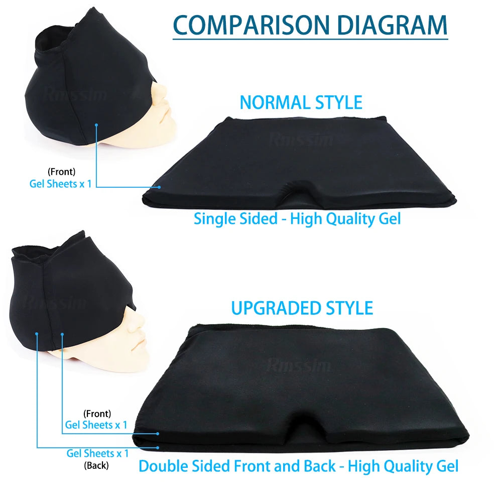 Woman wearing migraine relief ice hat for headache therapy
Black gel cold compress therapy cap with eye mask
Reusable ice head wrap for sinus pressure relief
Migraine relief cap 360 coverage cooling design