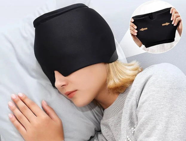 Woman wearing migraine relief ice hat for headache therapy
Black gel cold compress therapy cap with eye mask
Reusable ice head wrap for sinus pressure relief
Migraine relief cap 360 coverage cooling design