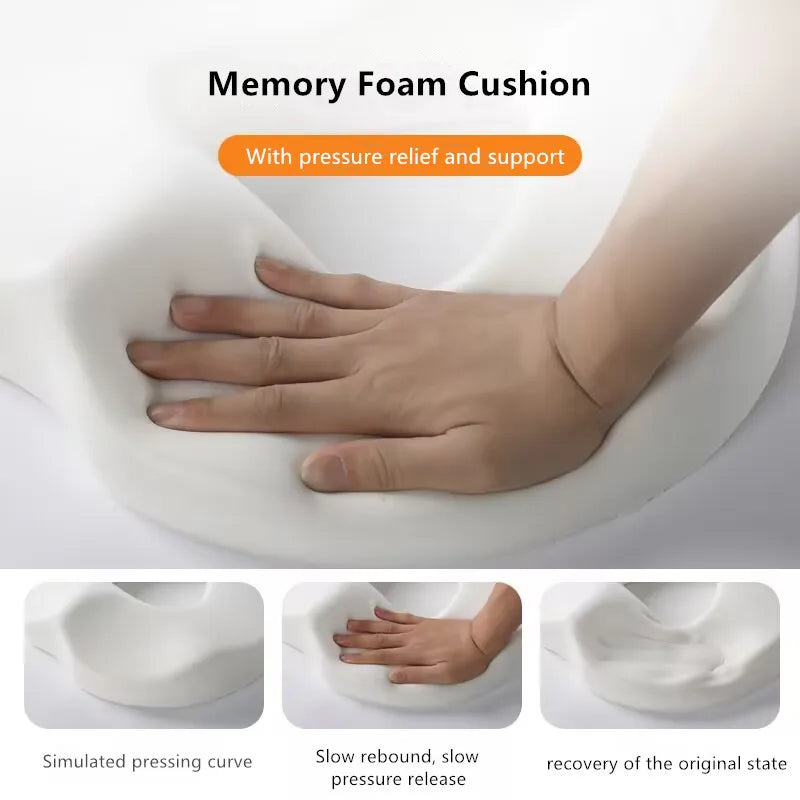 Memory foam cushion with a hand pressing into it, showing pressure relief and support.