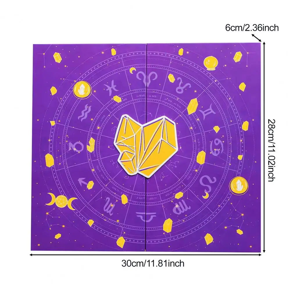 Purple card with yellow geometric design and star signs, with measurements indicated.