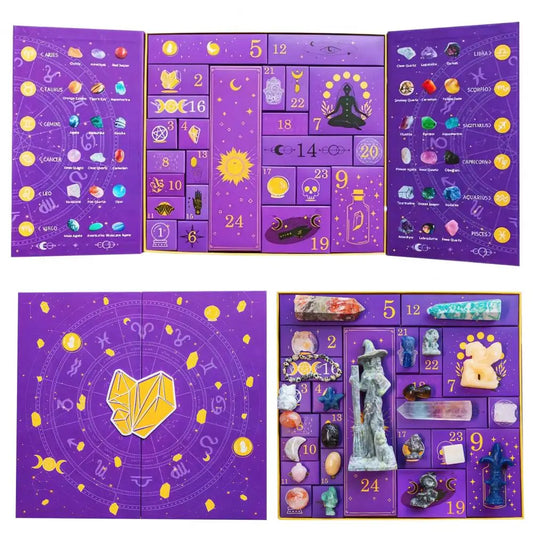 Purple advent calendar with astrological symbols and small figurines on a white background