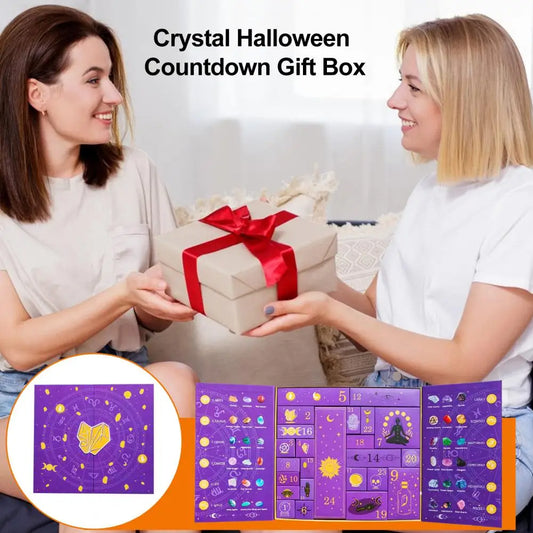 Two women holding a 'Crystal Halloween Countdown Gift Box' with an inset showing the purple advent calendar.
