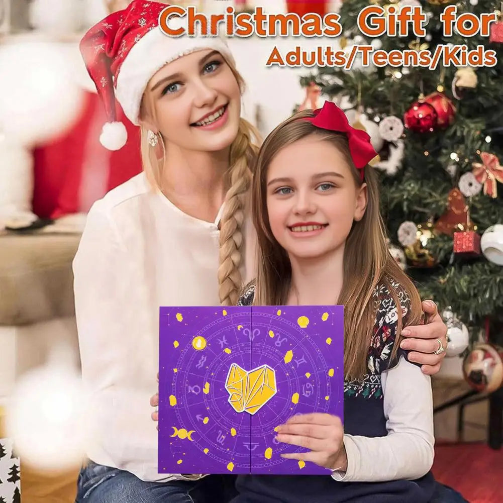 Two children holding a purple gift box with a Christmas tree and presents in the background