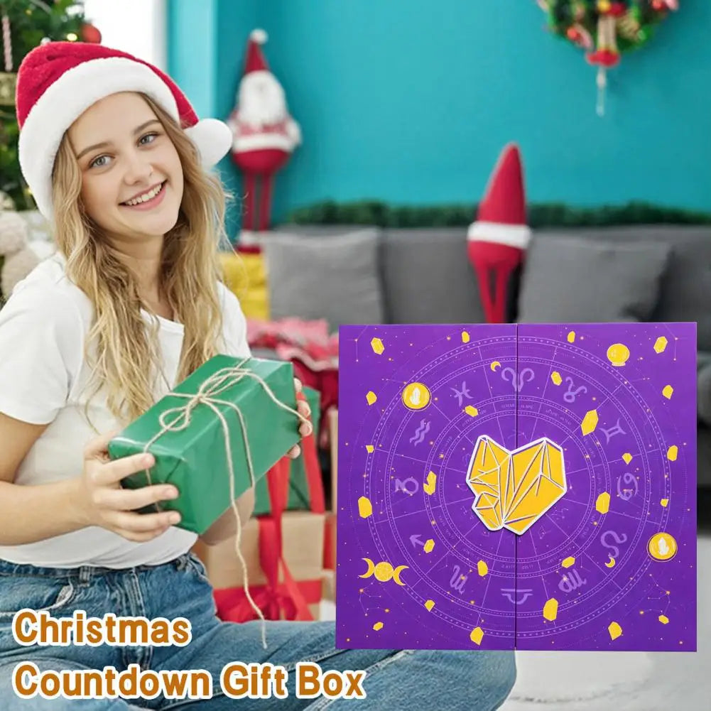 Girl in Santa hat with Christmas gift box and purple zodiac-themed gift box in foreground