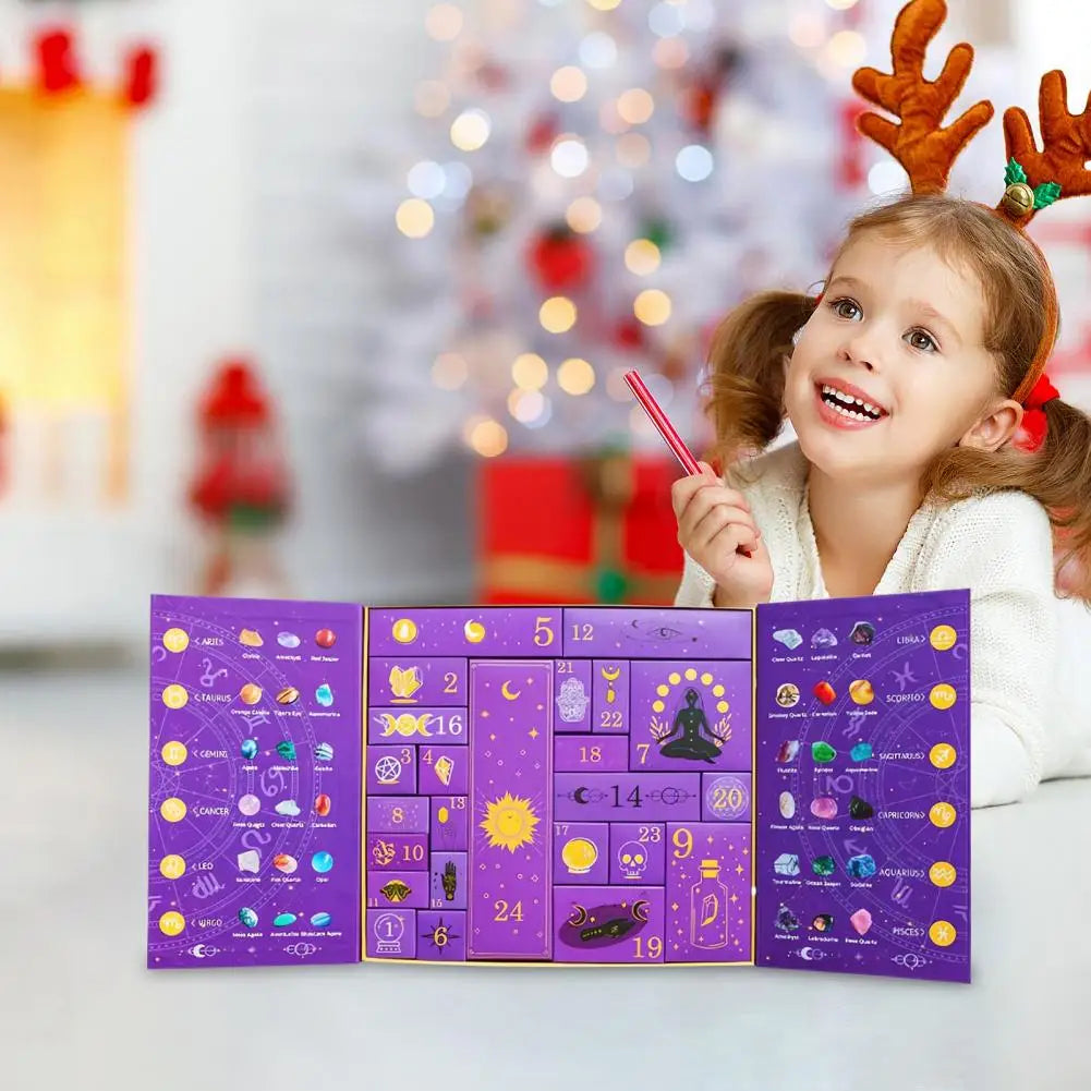 Child with a purple advent calendar in a festive setting