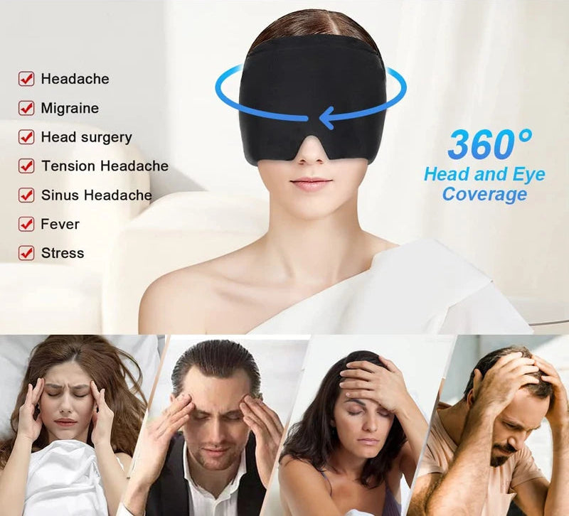 Head ice pack with text highlighting its uses and benefits,