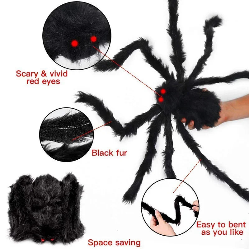 Extra-Large Plush Black Spider Halloween Decoration – 30cm/50cm/90cm/150cm/200cm Hairy Giant Spider Prop for Indoor & Outdoor Haunted House, Party, Home, Bar, Yard Decor