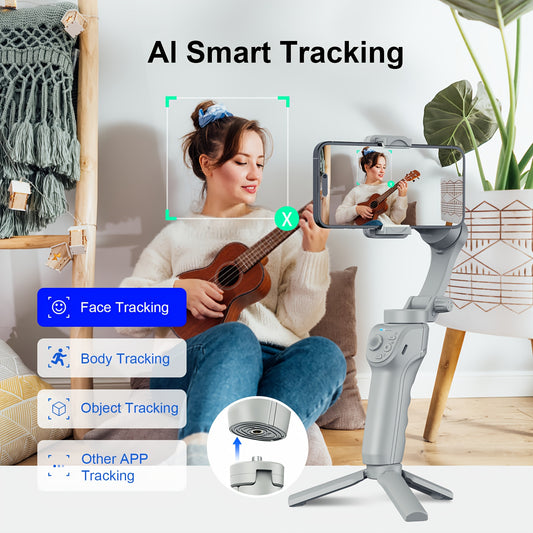AI Gimbal Stabilizer - 3-Axis, LED Light, Tripod, Object Tracking, Follow-Me Selfie, Live Streaming, Anti-Shake Balance, Face Tracking, 360-Degree Automatic Rotation