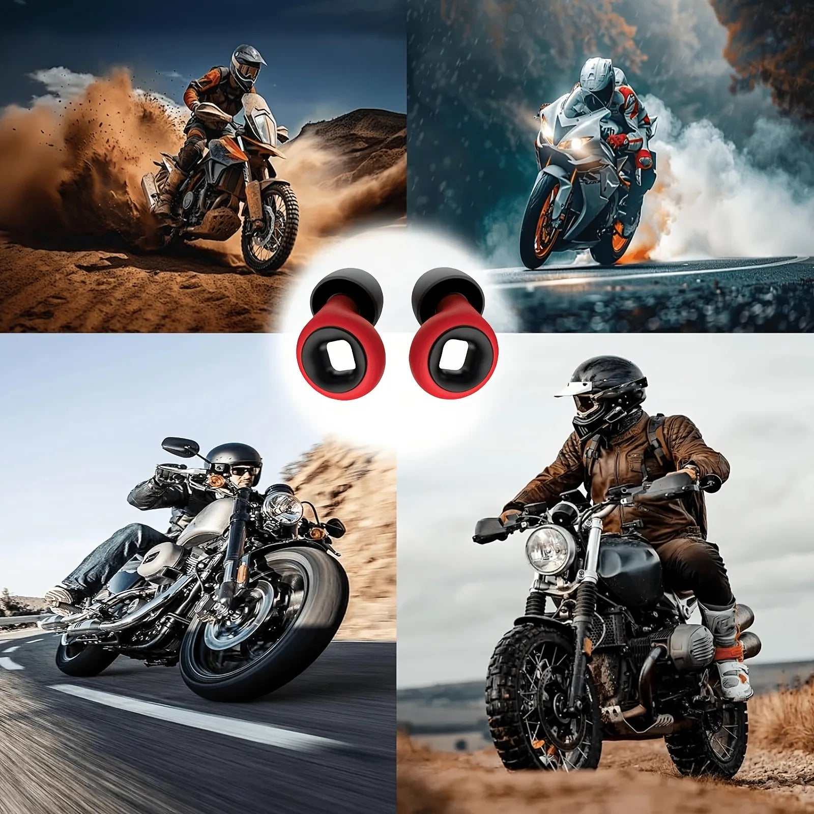 Four scenes of people riding motorcycles in different settings with a pair of red and black earbuds in the center.