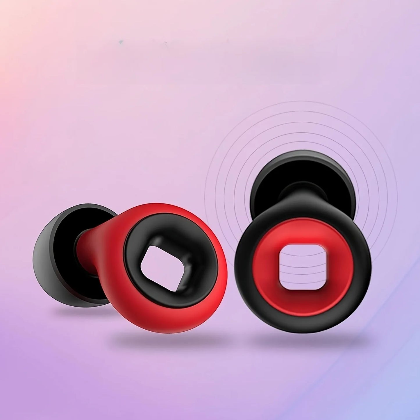 Red and black circular objects on a gradient background