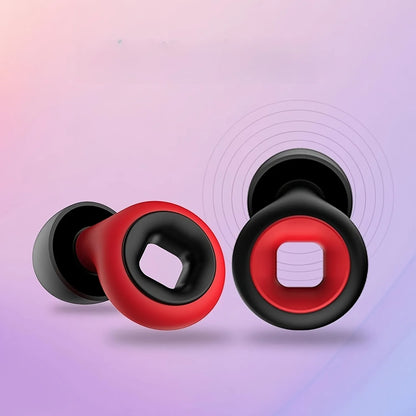 Red and black circular objects on a gradient background
