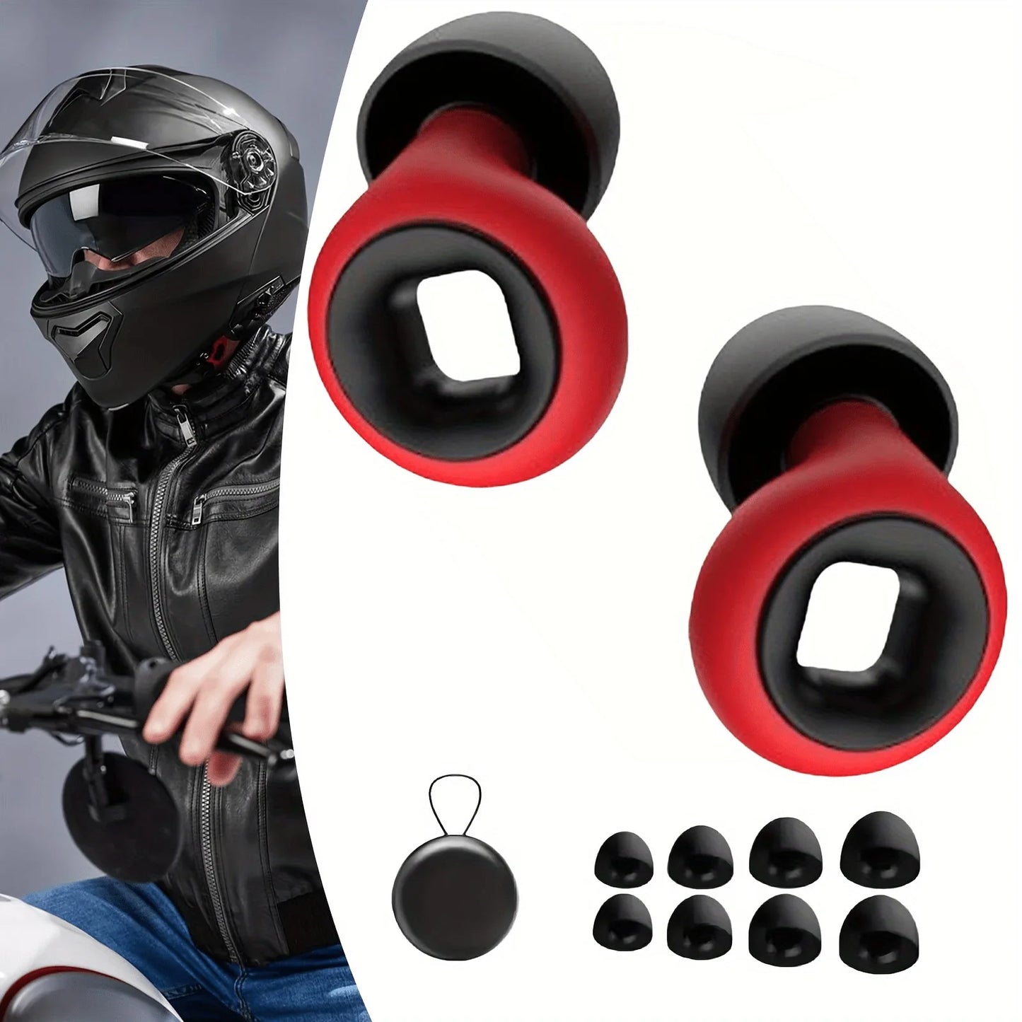 Red and black earplugs with a person wearing a helmet and motorcycle on the left.