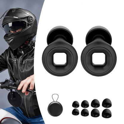 Black motorcycle helmet ear covers with a rider on a bike and additional ear cover pieces displayed.