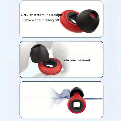 Red and black silicone earbud tips with text describing design and material on a light blue background.