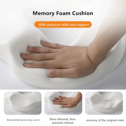 Memory foam cushion with a hand pressing into it, showing pressure relief and support.