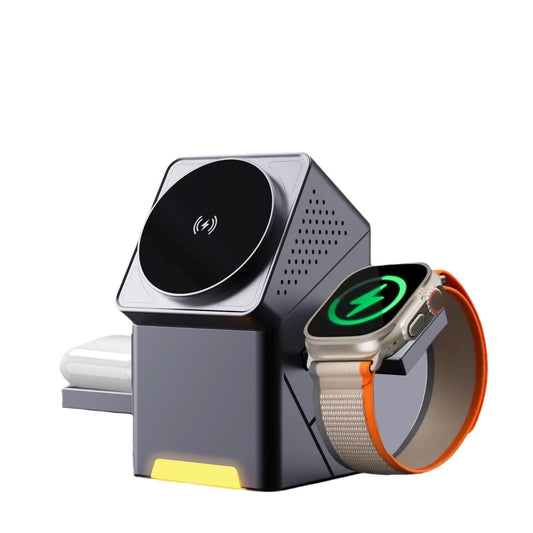 3-in-1 Wireless Charging Station – 15W Fast Charger with Auto-Rotating Stand for iPhone 12–16, Apple Watch &amp; AirPods