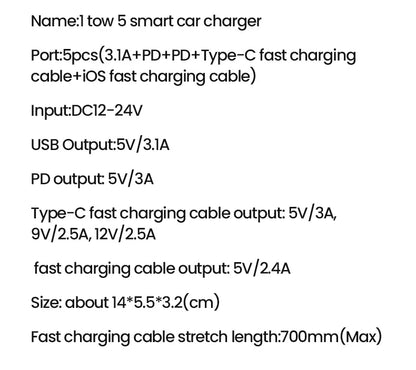 Elough 5 IN 1 Car Charger Retractable USB C to Lightning Cable 2 Type C Port Car USB Charger For IPhone Phone Adapter Compatible