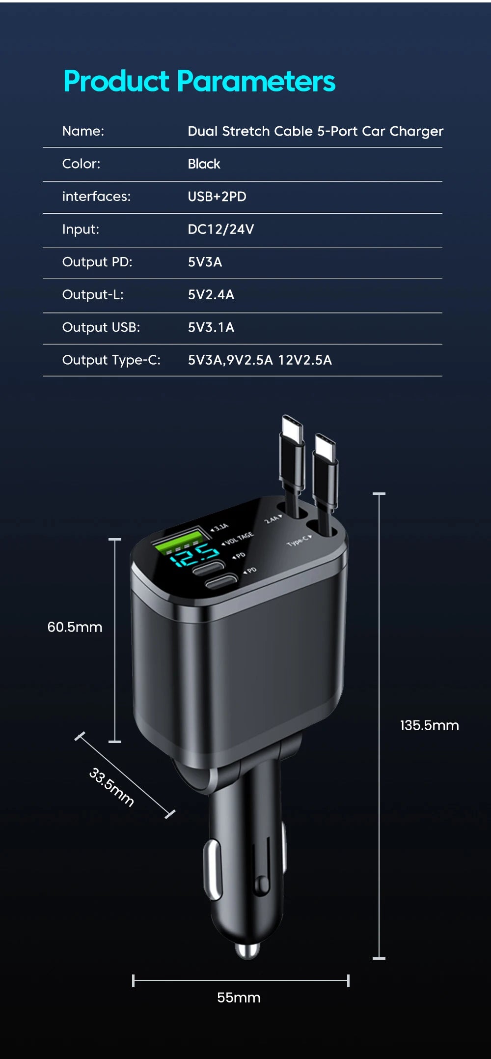 Elough 5 IN 1 Car Charger Retractable USB C to Lightning Cable 2 Type C Port Car USB Charger For IPhone Phone Adapter Compatible