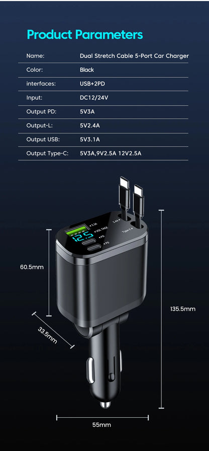 Elough 5 IN 1 Car Charger Retractable USB C to Lightning Cable 2 Type C Port Car USB Charger For IPhone Phone Adapter Compatible