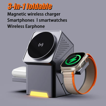 3-in-1 Wireless Charging Station – 15W Fast Charger with Auto-Rotating Stand for iPhone 12–16, Apple Watch &amp; AirPods