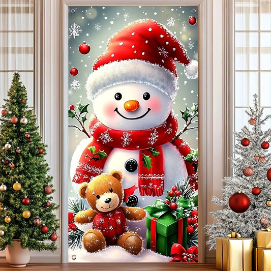Christmas Door Cover Banner - Cute Snowman Bear Gift Backdrop for Xmas Party Decor