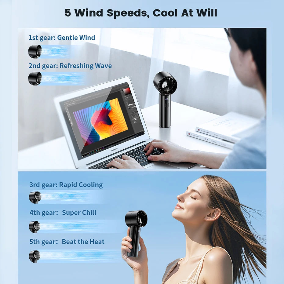 coldSky Portable Handheld Fan 4000mAh Battery Operated Cooling Fan 5 Speed Adjustable Small Desktop Fan With Digital Display