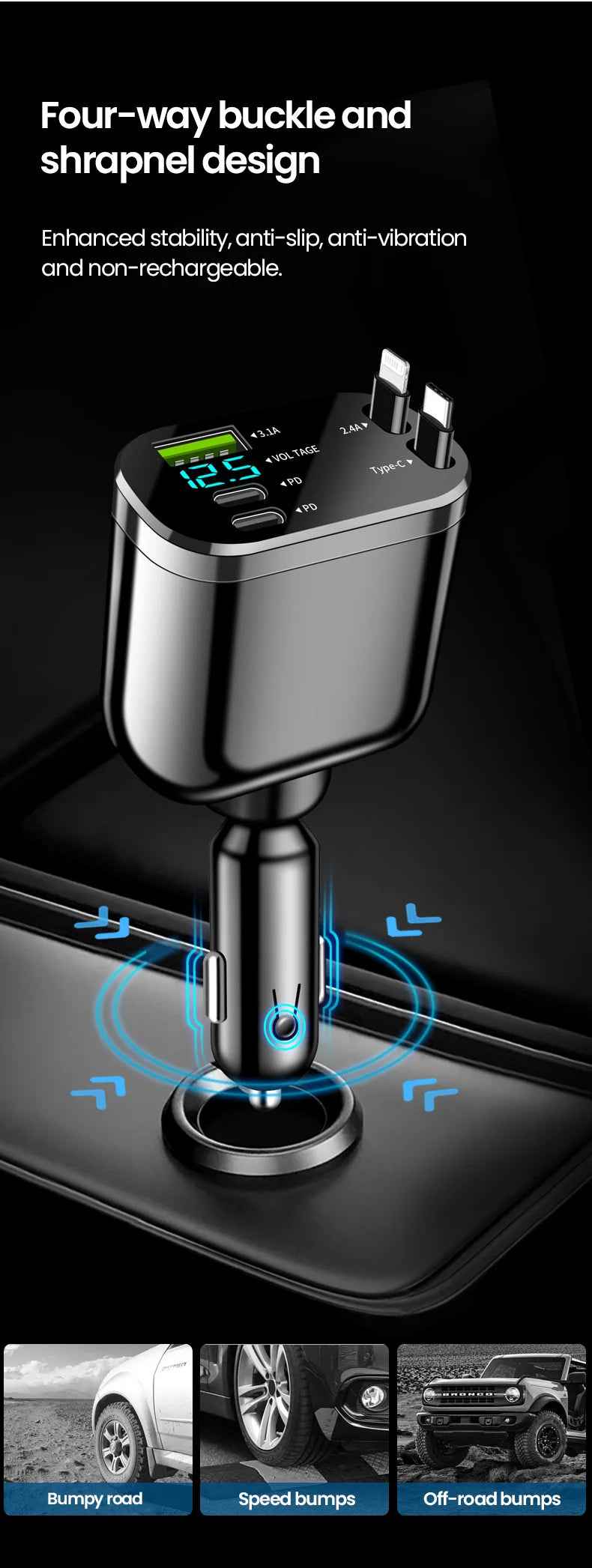 Elough 5 IN 1 Car Charger Retractable USB C to Lightning Cable 2 Type C Port Car USB Charger For IPhone Phone Adapter Compatible