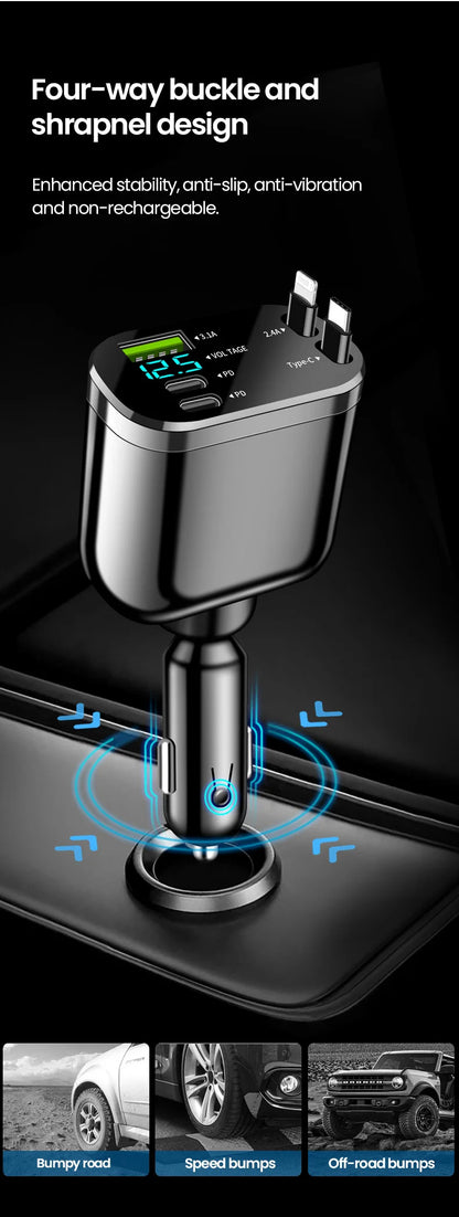 Elough 5 IN 1 Car Charger Retractable USB C to Lightning Cable 2 Type C Port Car USB Charger For IPhone Phone Adapter Compatible