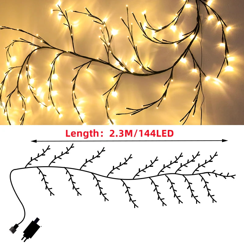 144-LED Willow Vine Tree Lights – Artificial Rattan Wall Decor for Bedroom, Living Room & Holiday Decoration